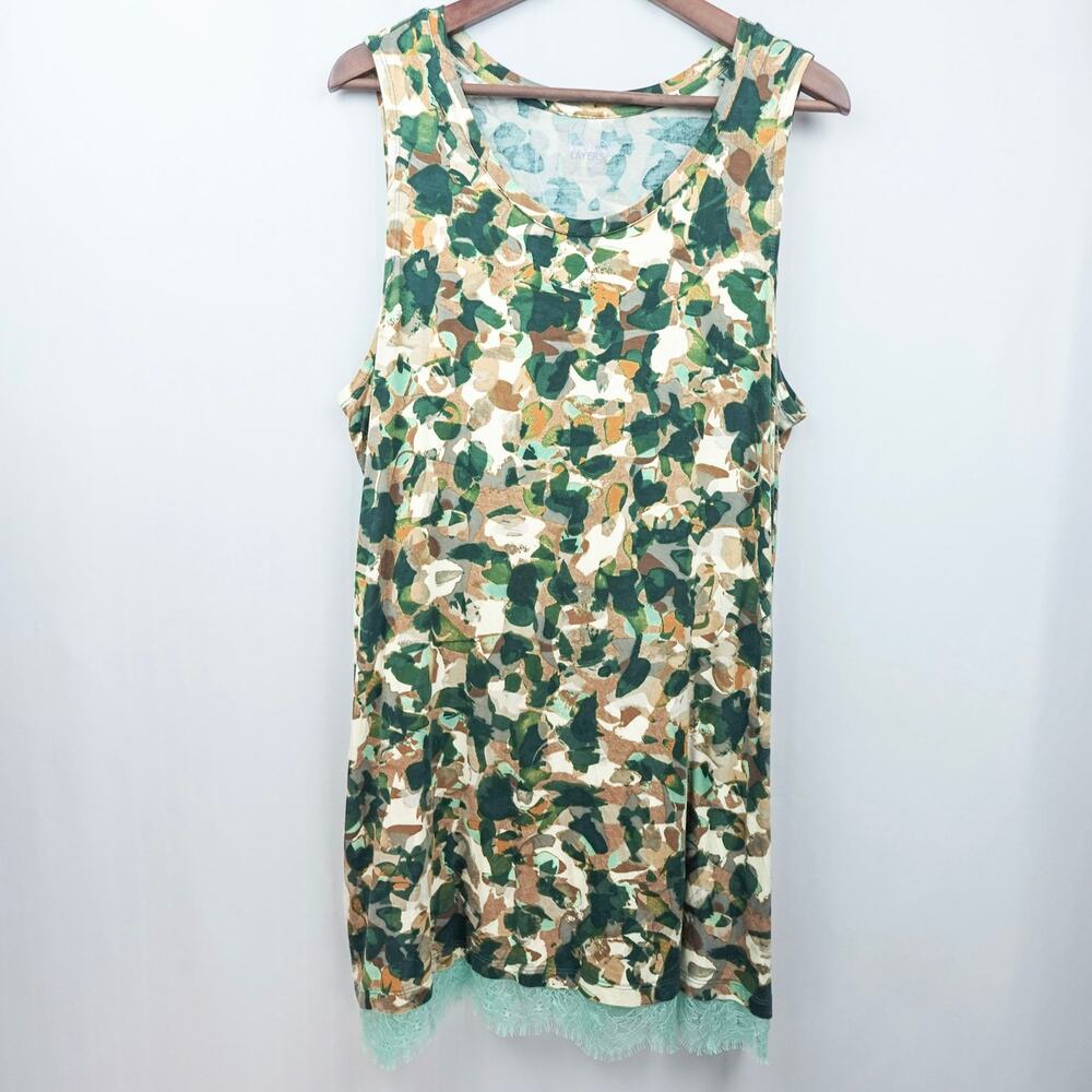LOGO Layers by Lori Goldstein Lace Hem Tunic Tank Top Plus Sz 1X Green Beige